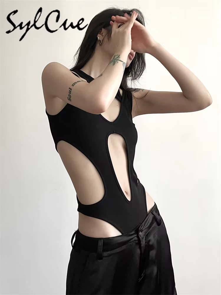 Sylcue noir mystérieux Sexy discothèque chaude creux tout-Match Cool personnalité à la mode Mature b