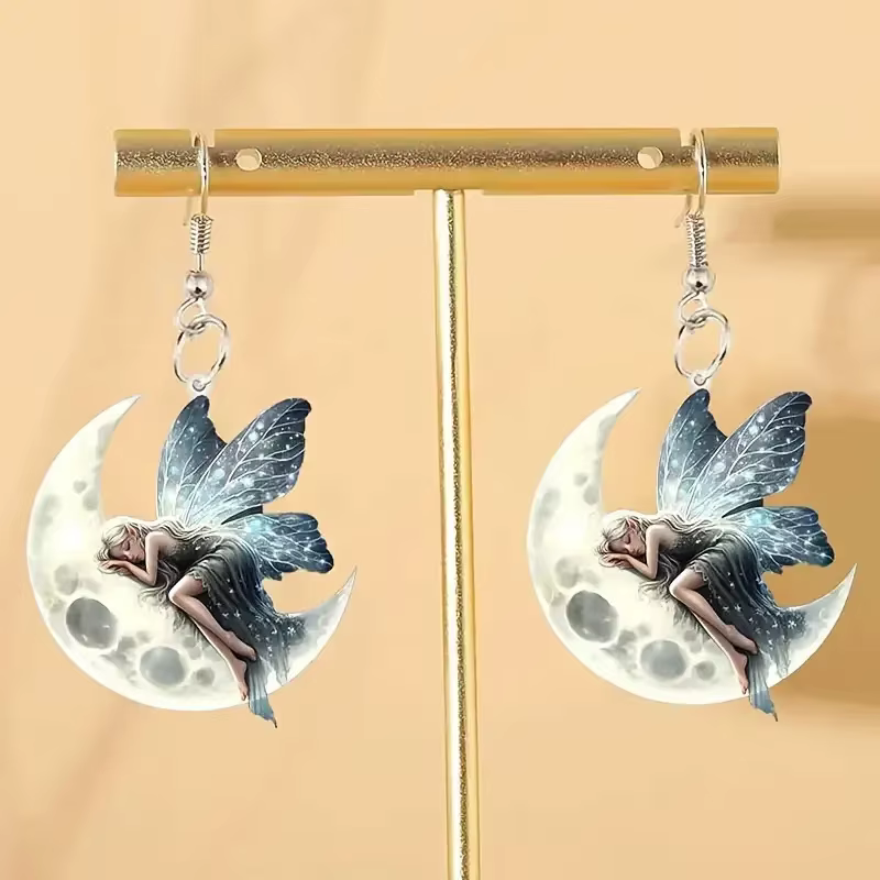 Boucles d'oreilles plates en acrylique 2D, elfe endormi sur la lune, rétro romantique pour fille, ac