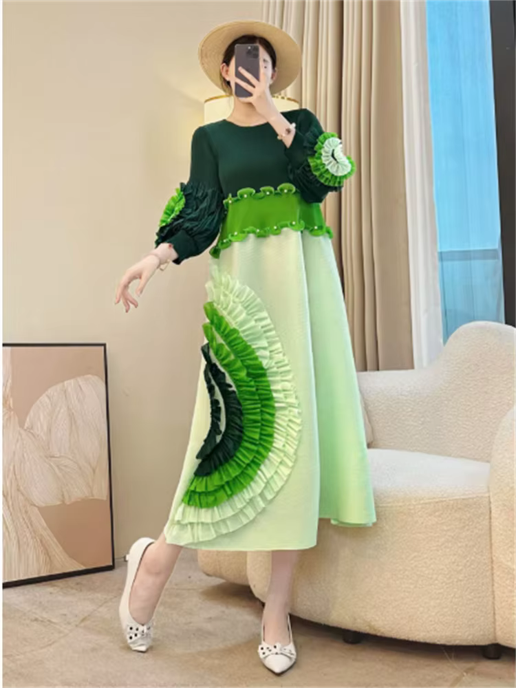 Miyake cravate fleur conception femmes robe plissée col rond à manches longues Colorblock Patchwork 