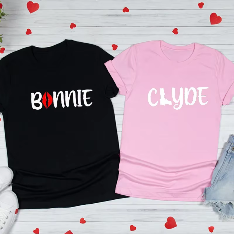 T-shirt à Manches Courtes et Col Rond pour Homme et Femme, Imprimé Bonnie Clyde Jules, Amoureux, Cou