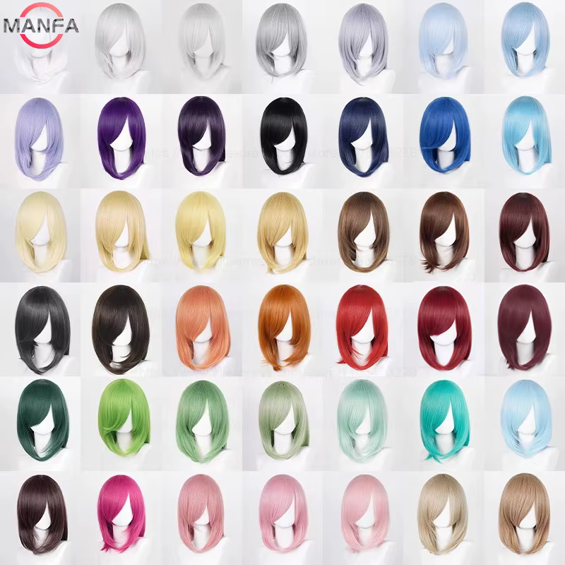 Perruque de Cosplay synthétique moyenne de base, 40cm, frange blonde, noire, blanche, rouge, rose, v