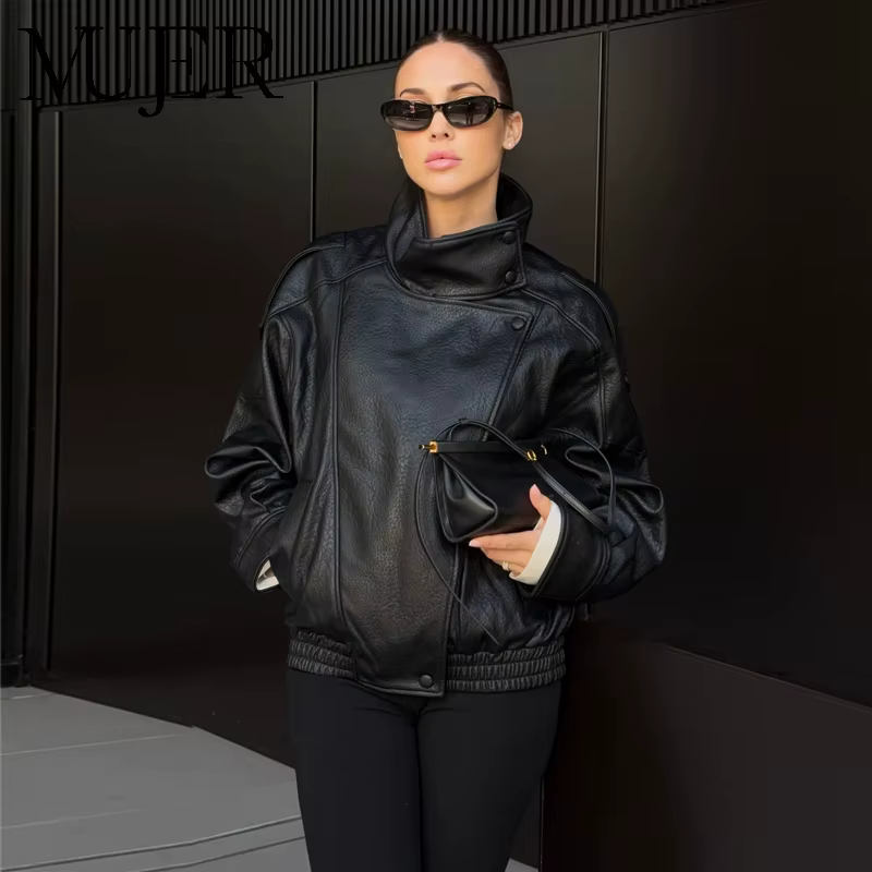 MUJER vestes en simili cuir noir pour femmes vêtements d'extérieur bureau femmes Bomber veste bouton