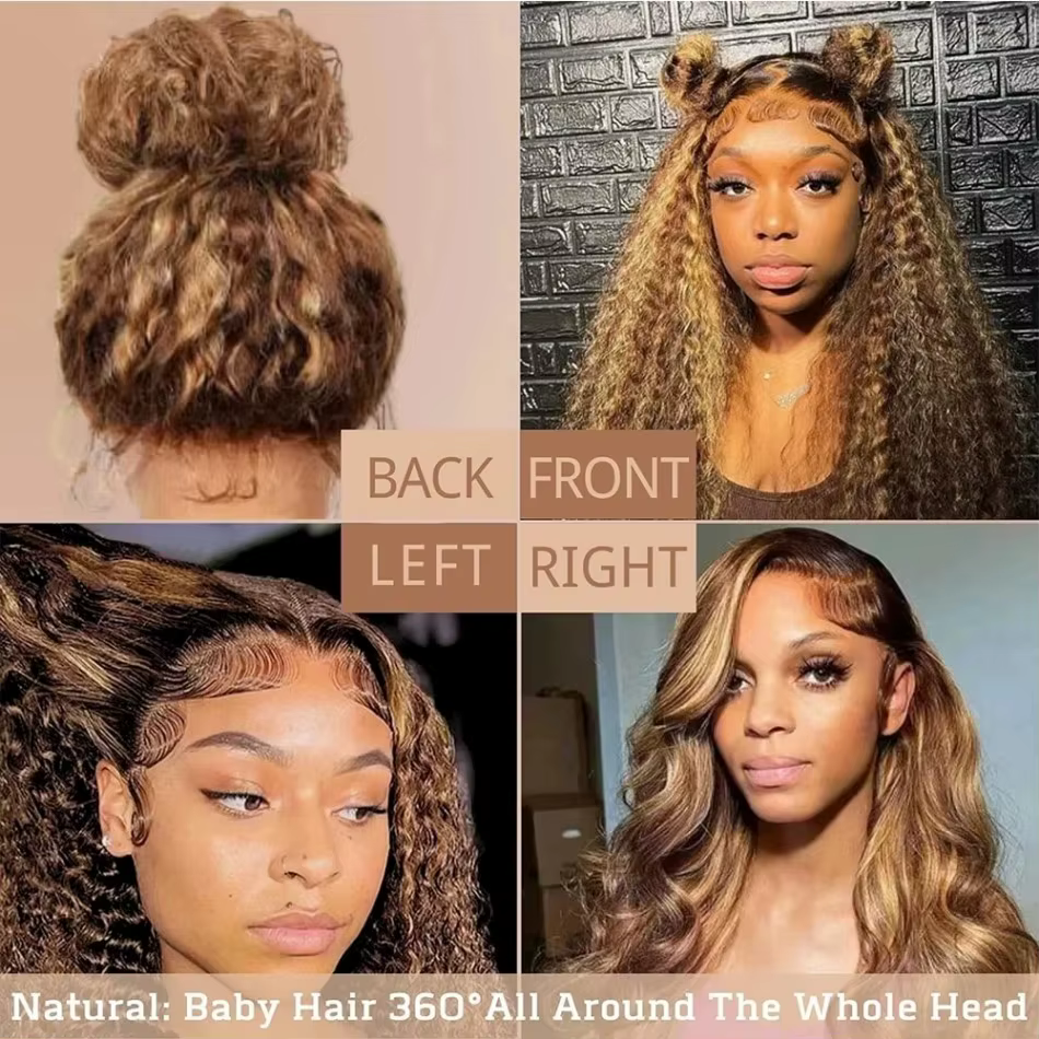 Perruque Lace Front Wig 360 naturelle bouclée, cheveux humains, pre-plucked, Hd, Deep Wave, avec cor