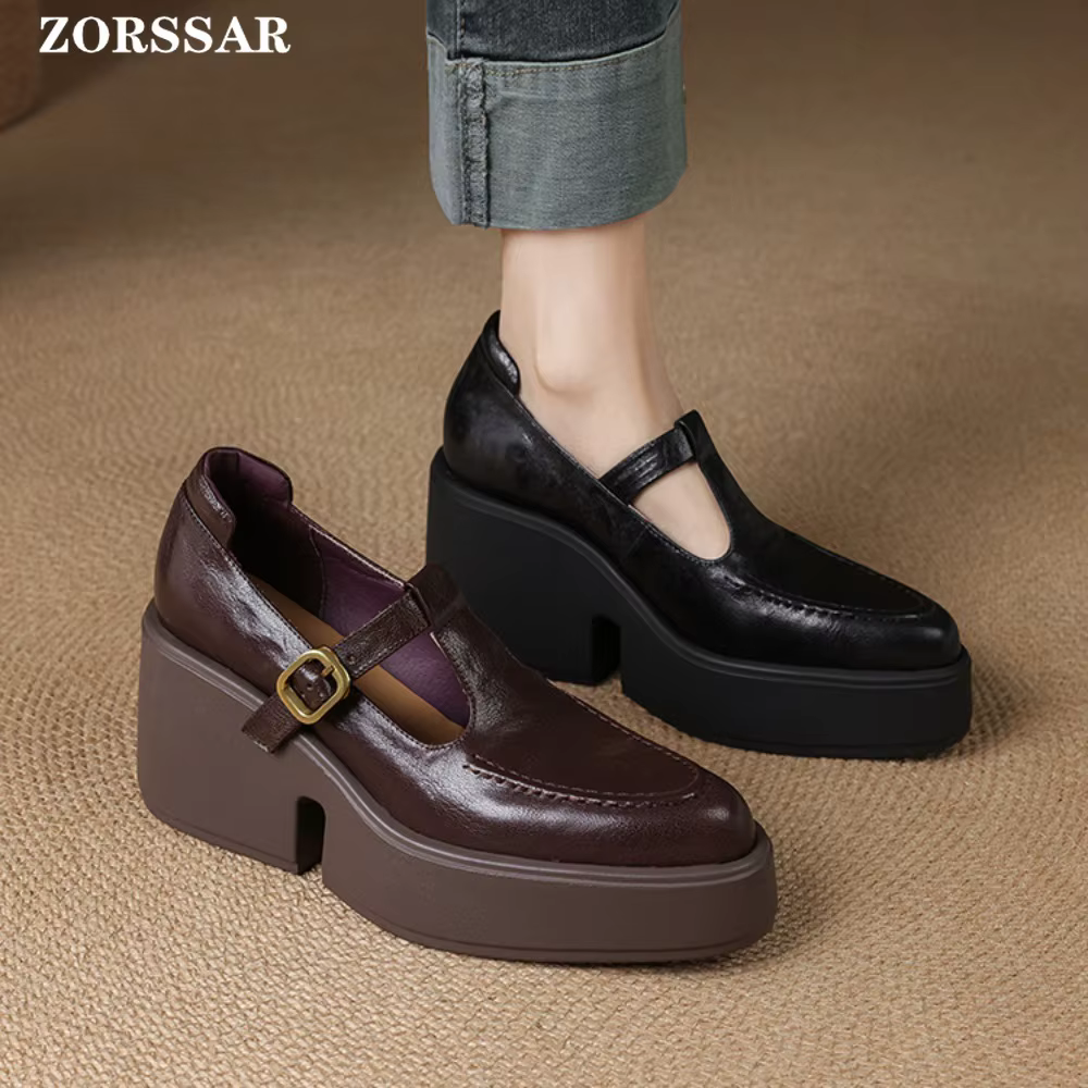 Escarpins à talons hauts et plateforme épaisse pour femmes, chaussures en cuir véritable à bout poin