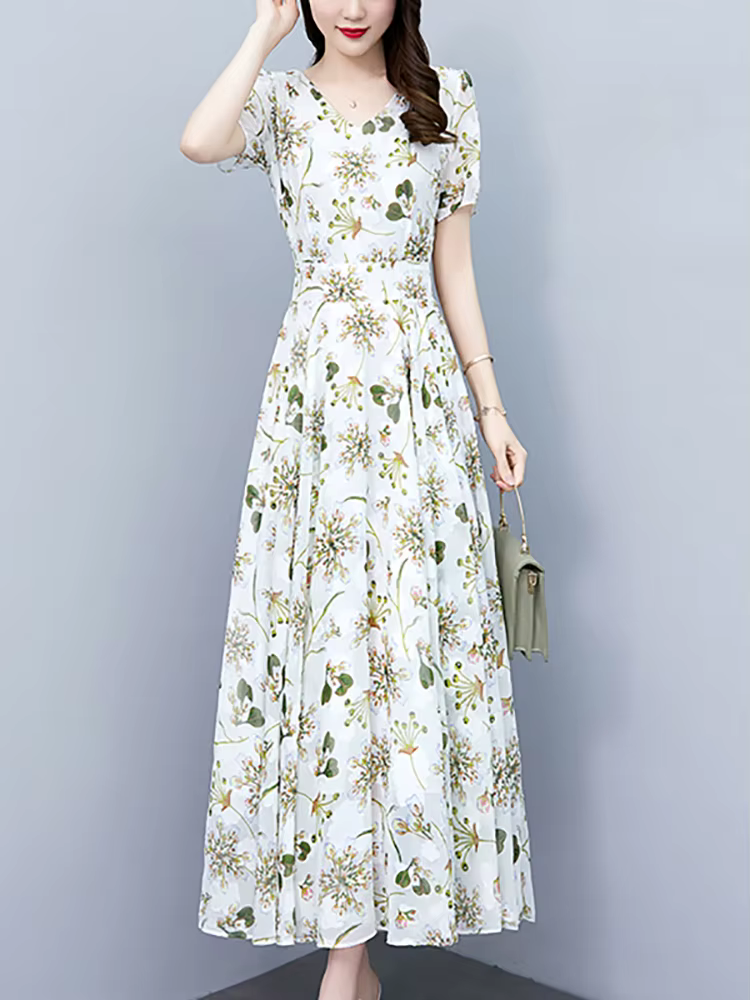 Robe longue à fleurs blanches, style boho décontracté, tenue de plage, vacances, manches courtes, él
