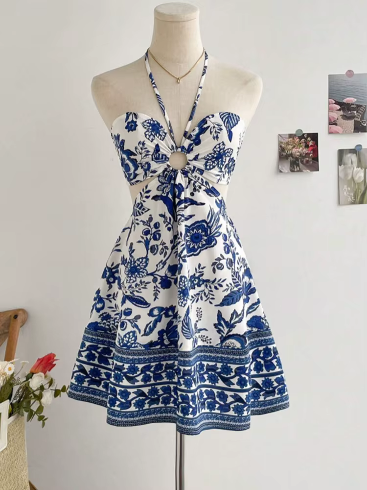 Robe romantique à imprimé Floral pour femmes, col licou, Sexy, à la mode, facile à créer, paresseux,