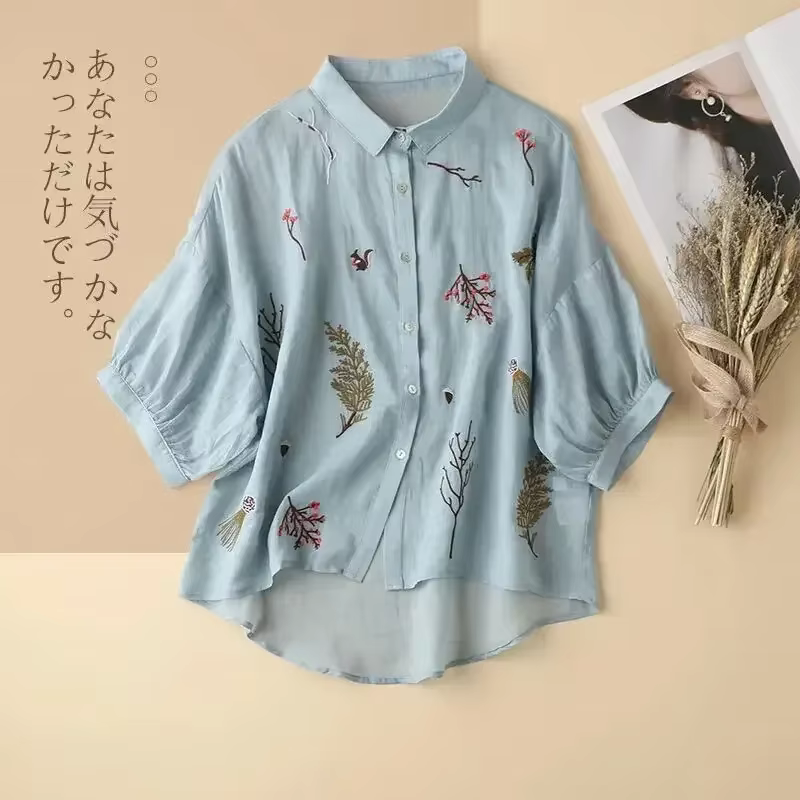 Chemise brodée en lin de coton à sept points pour femmes, haut décontracté à revers, tempérament, ni