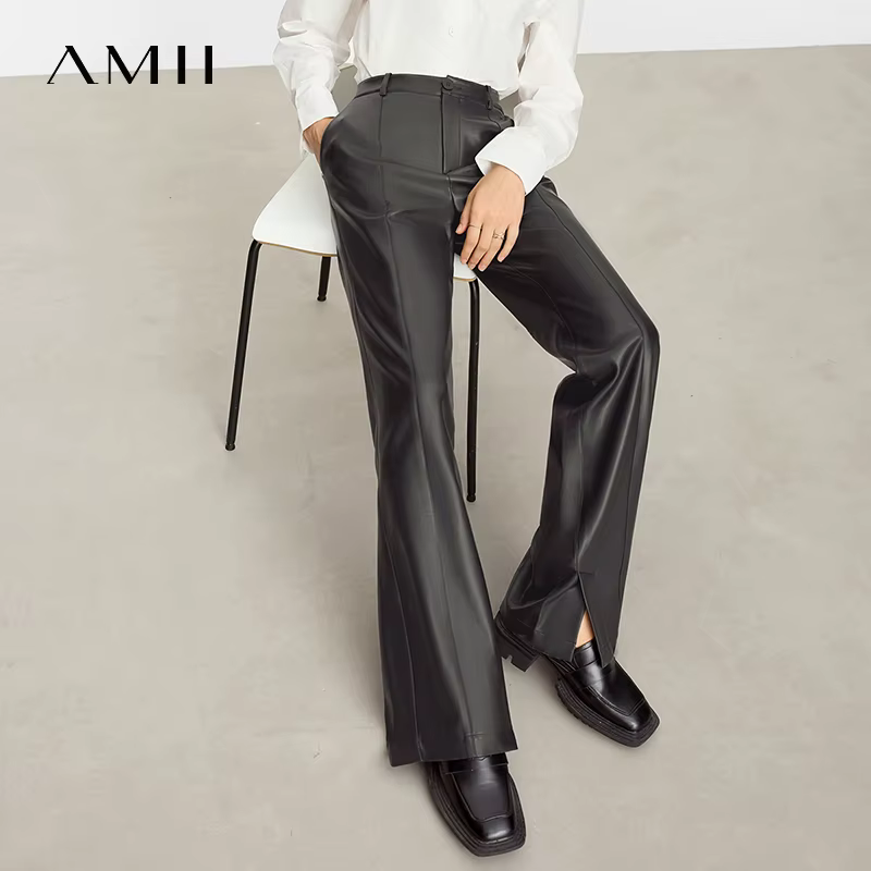 AMII minimaliste en cuir PU pantalons décontractés pour les femmes 2025 automne nouveau ample longue