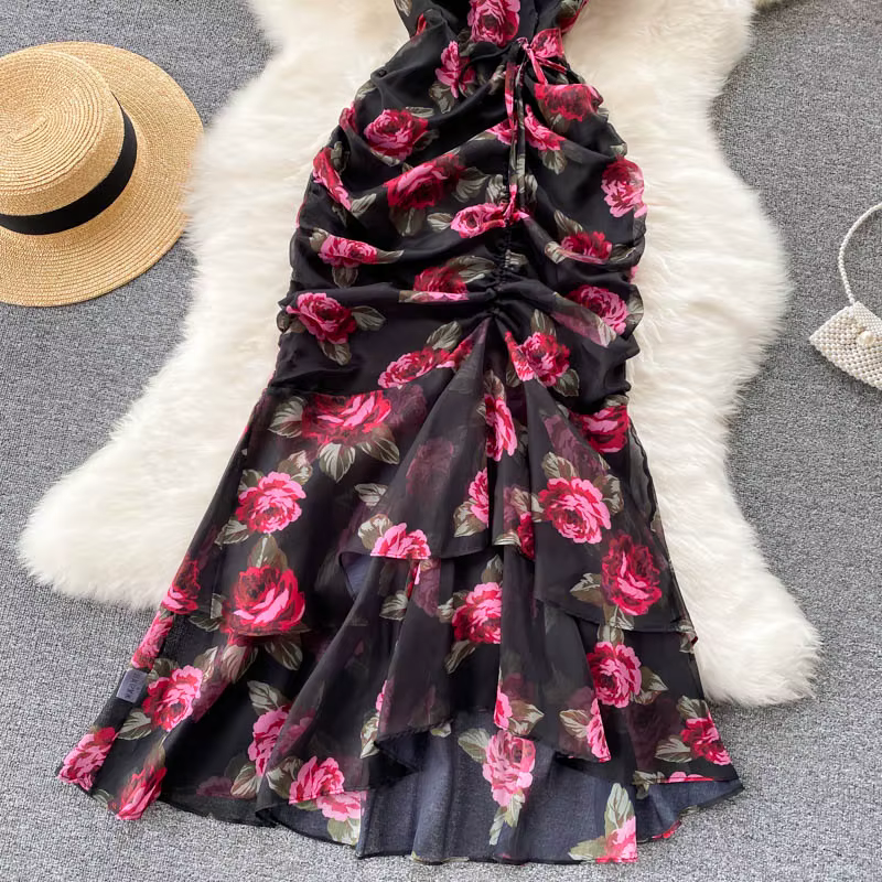 Robe vintage en mousseline de soie, élégante, col en v, à volants, décontractée, taille haute, pour
