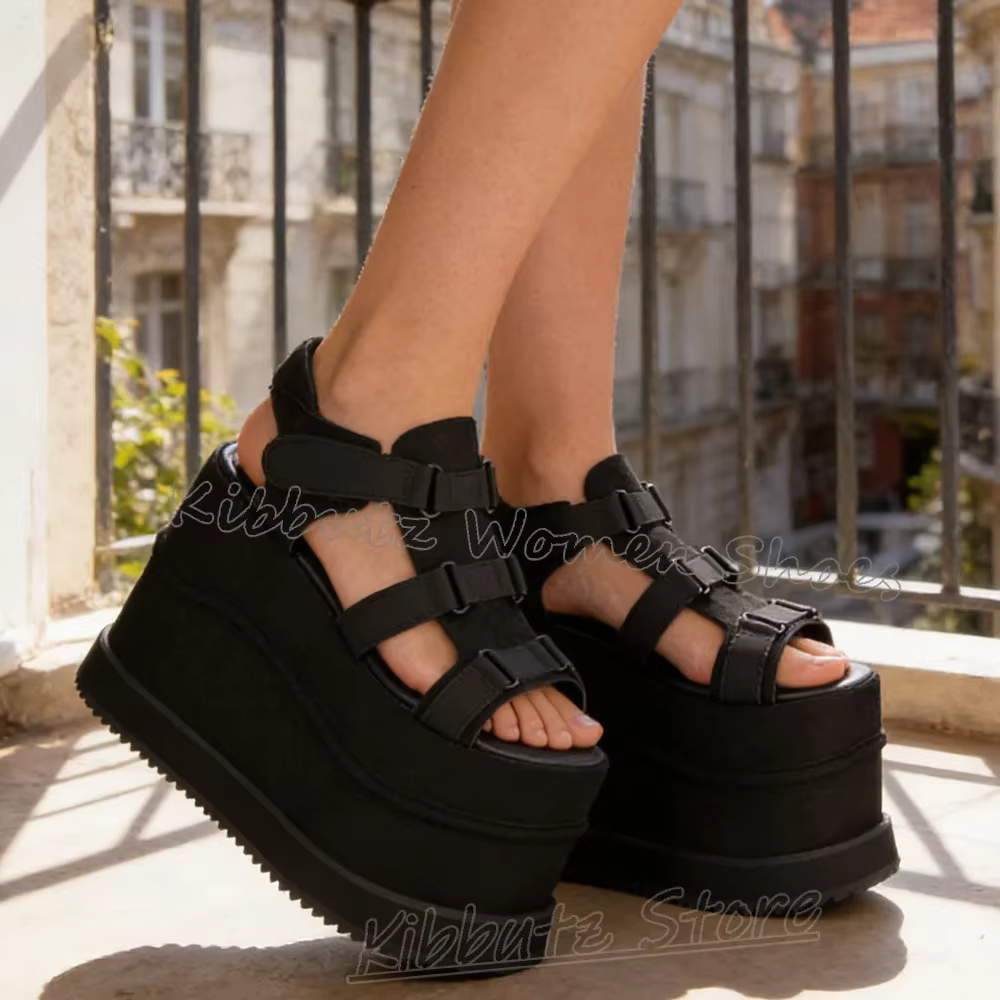 Sandales à plateforme à boucle et fermeture auto-agrippante pour femme, à bout rond, rehaussantes, e