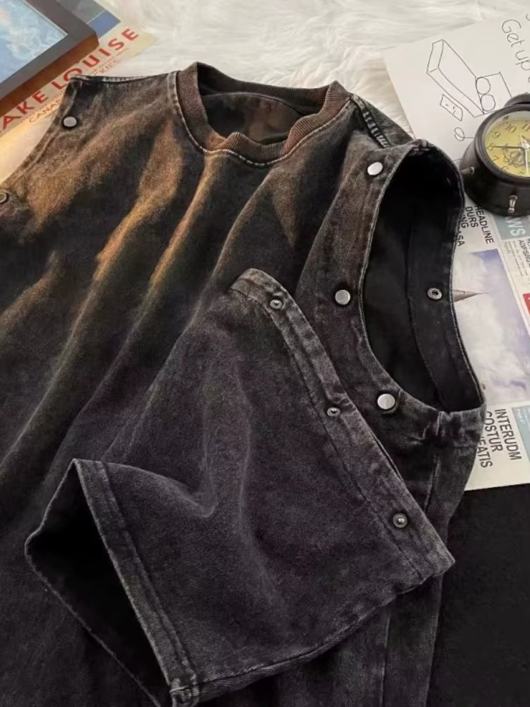 Économie à manches perfectionnées pour femmes, style américain, mode rétro, baggy délavé, décontract