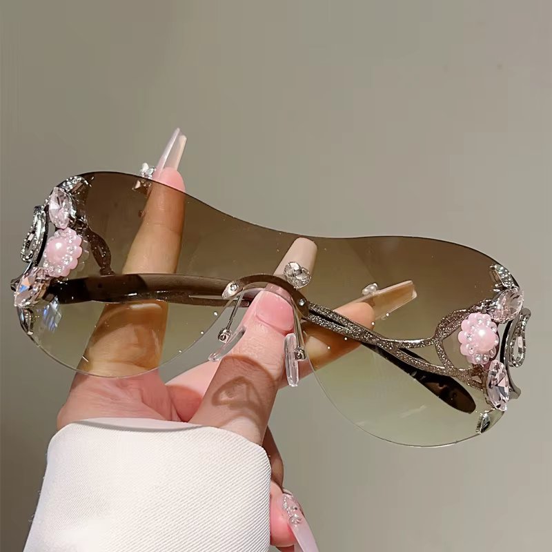 KAMMPT – lunettes de soleil Y2k sans bords avec strass pour femmes, monobloc, décoration extérieure,