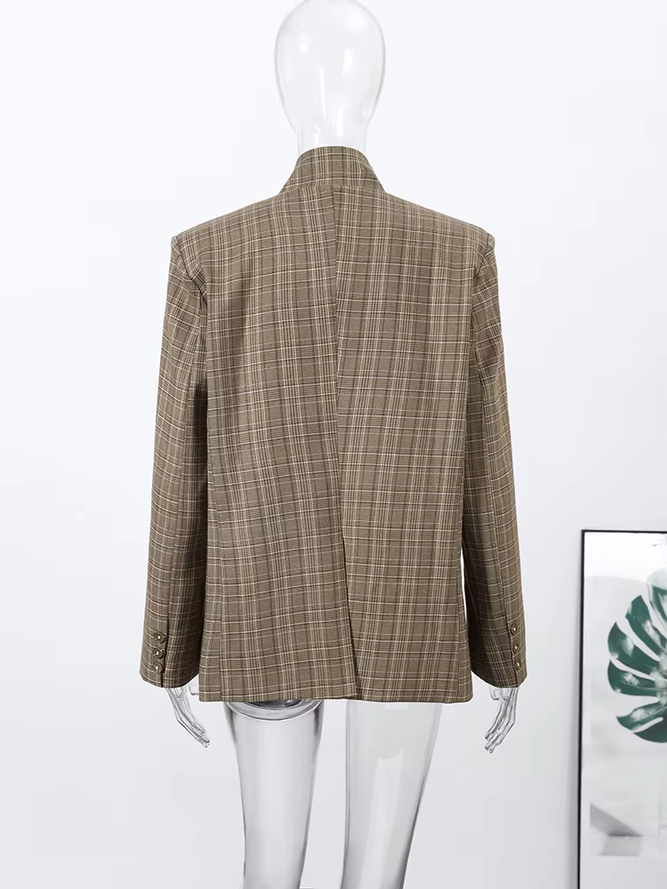 Nouveau Blazer Vintage à Carreaux pour Femme, Col Montant, Un Bouton, Poches, Veste de Costume Fémin
