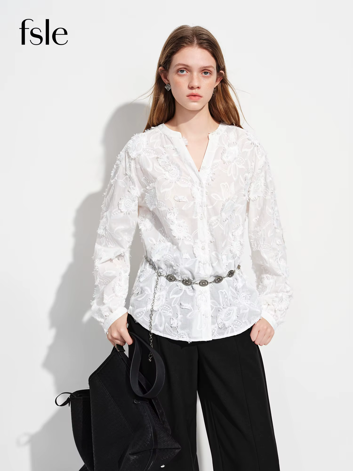 FSLE 2026 Nouvelle Blouse Femme Printemps-Été à Col Rond en Jacquard 3D, Chemise de Bureau à Manches