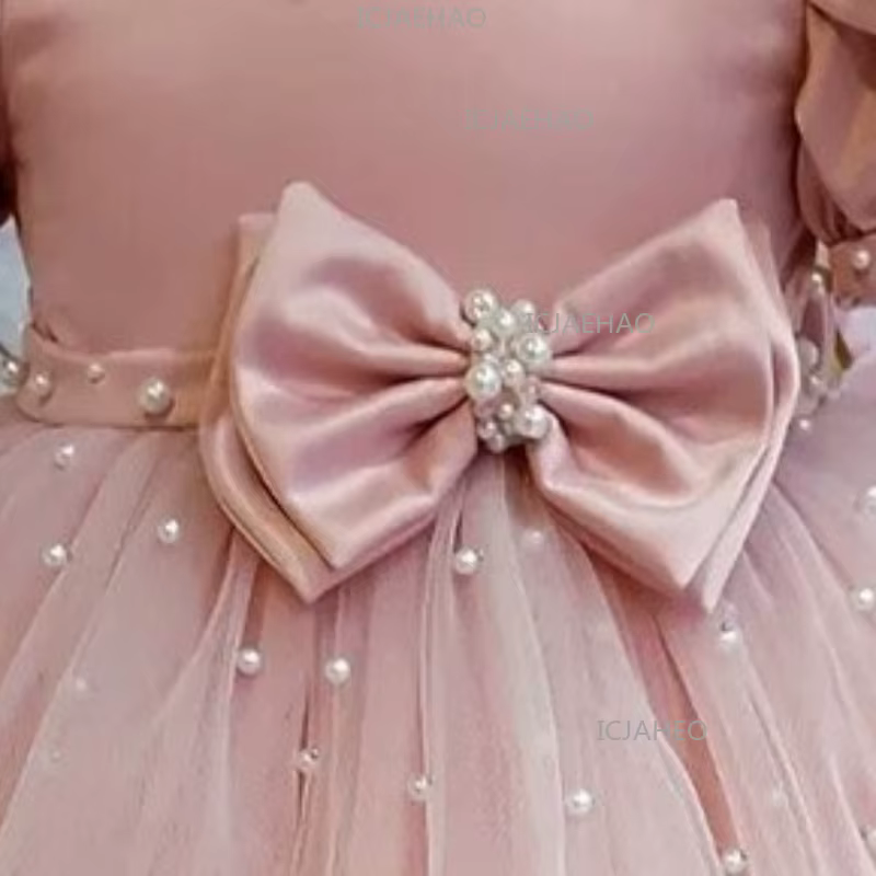 Robe de cérémonie pour enfant 2026 rose à manches bouffantes, ornée de perles et d'un nœud, pour dem