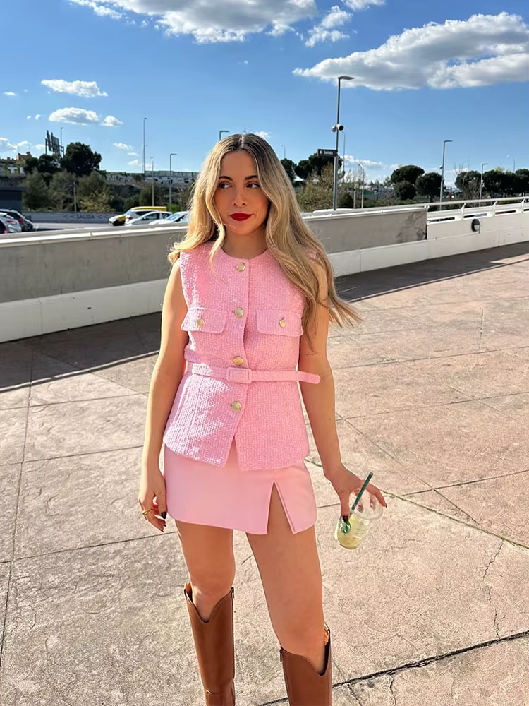 HH femmes élégant solide ceinture gilets hauts col rond bouton en métal sans manches gilet bureau vê