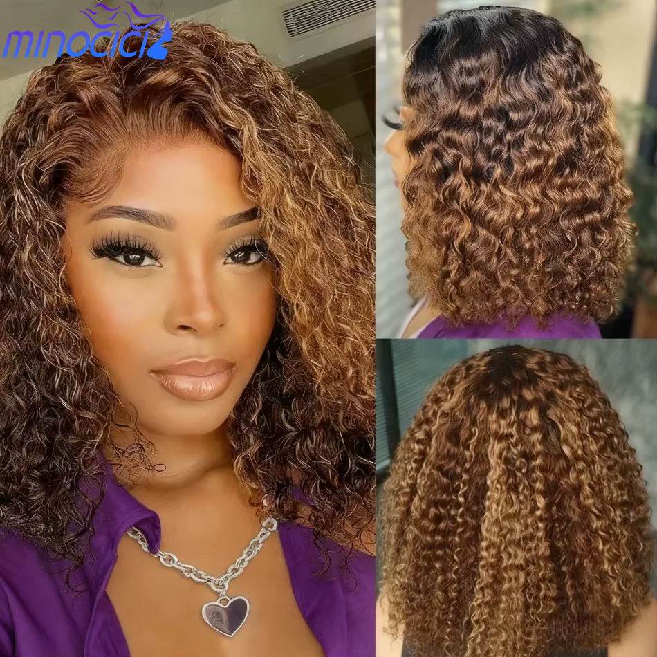 Perruque Bob Ombrée Highlight en Cheveux Humains, Perruque Courte Bouclée Blonde Miel avec Fermeture