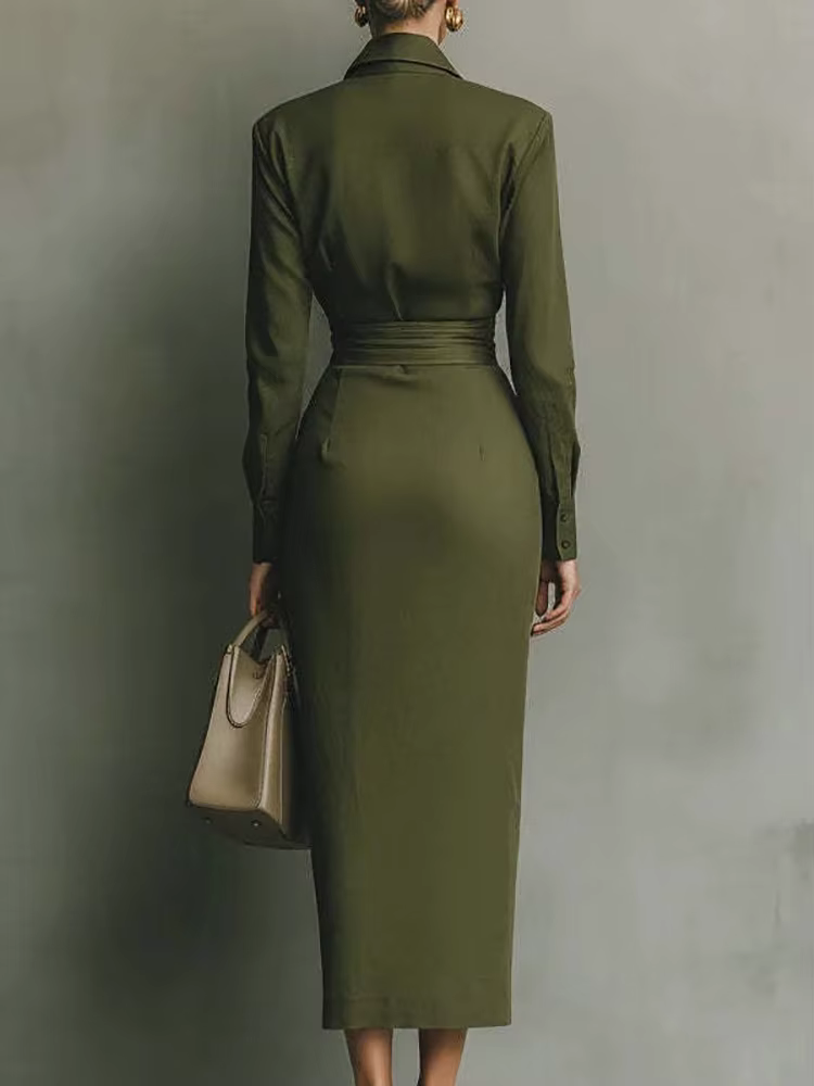 Printemps automne élégant solide col rabattu Femme robe de vacances dame mince moulante robe de soir