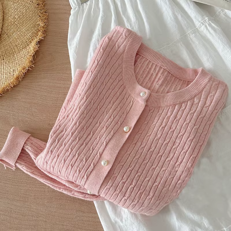 Élégant à manches longues tricots hauts femmes automne hiver simple boutonnage pull col rond épais c