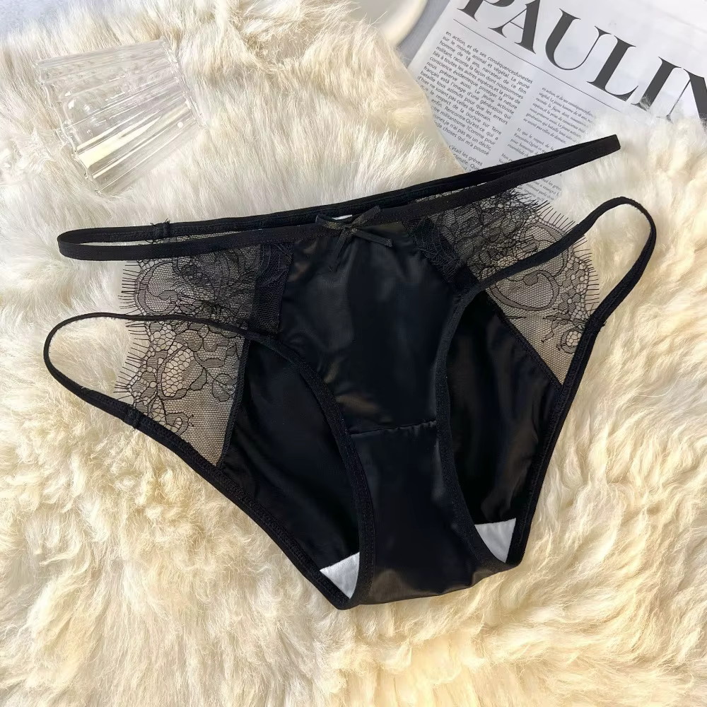 Culotte taille basse en maille transparente avec nœud et dentelle douce pour femme, en satin de soie