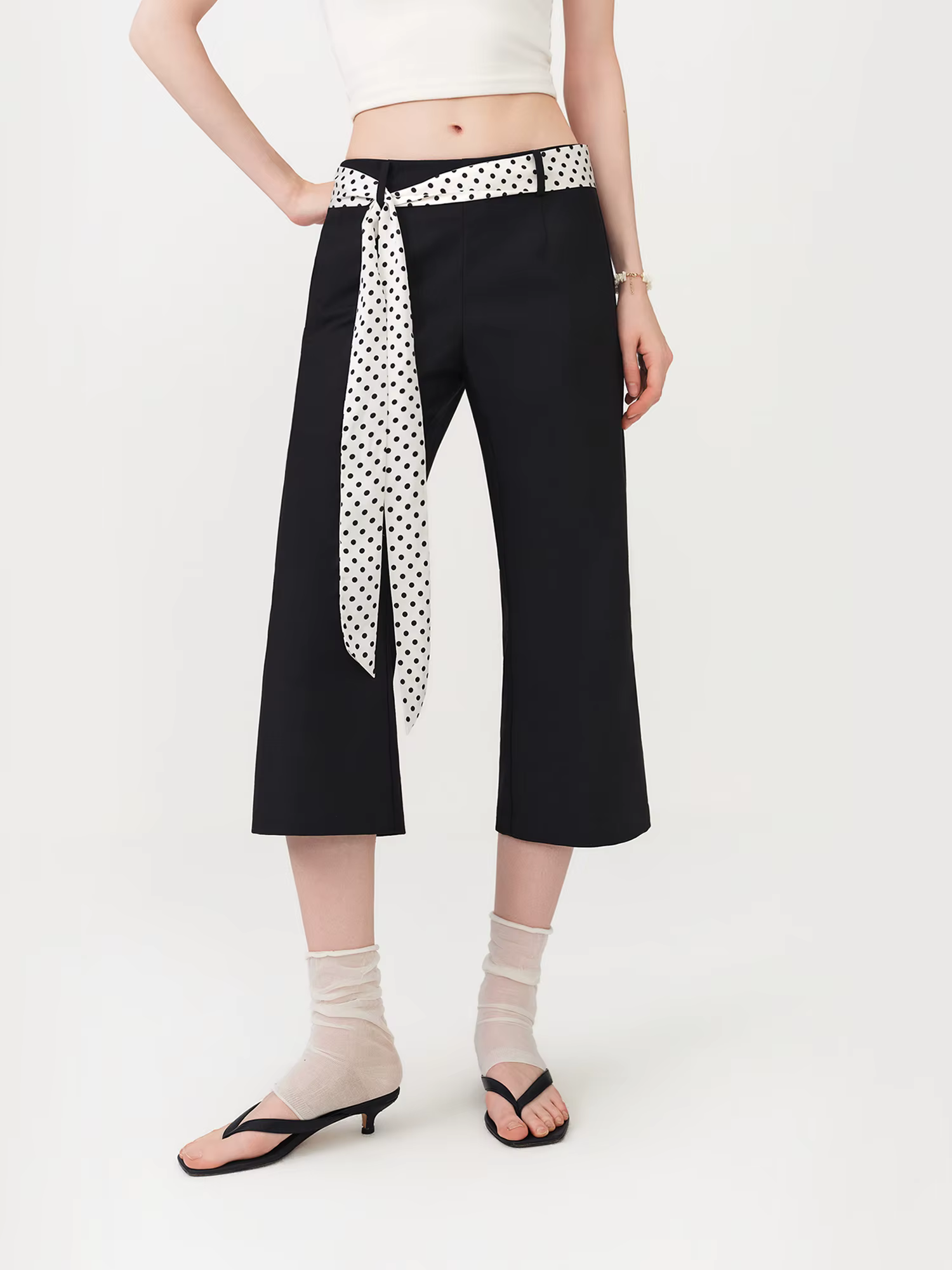 FSLE Pantalon décontracté taille basse à nouer à la taille, style rétro à pois, pour femme, nouvelle