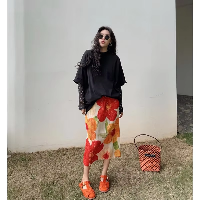 Jupe mi-longue à imprimé floral vintage pour femmes, jupes plissées fendues élégantes, jupe trapèze 