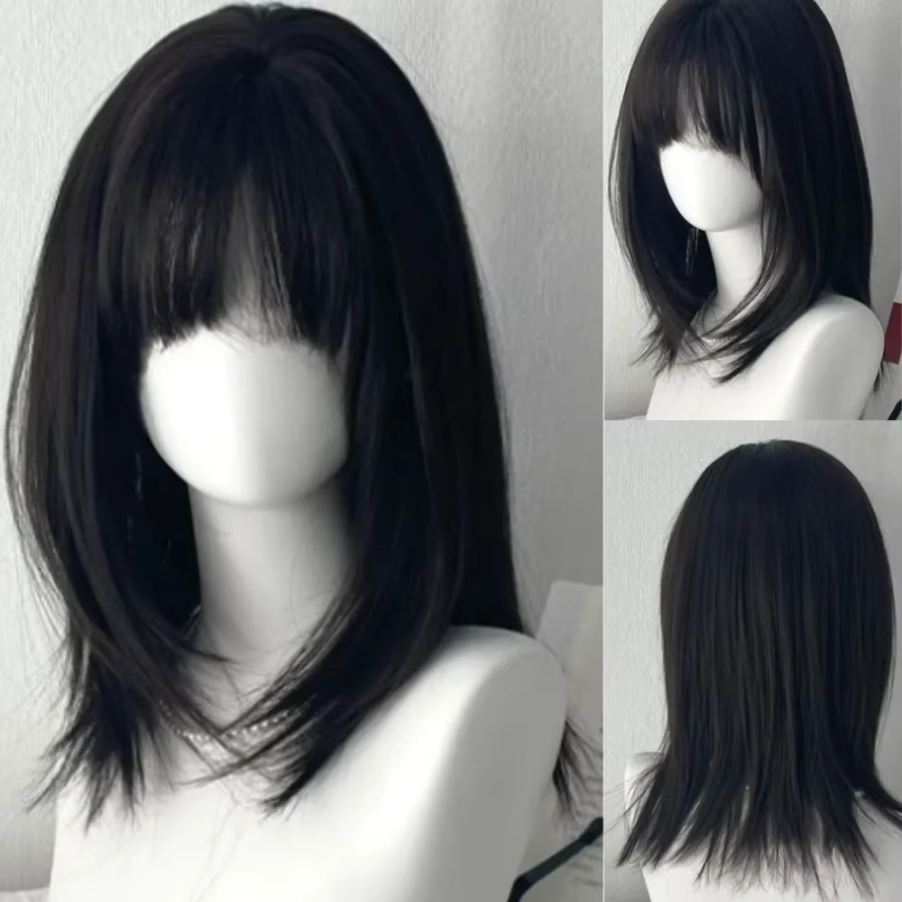 Y2K perruque pour femmes noir moyen long cheveux raides Simulation naturelle usage quotidien perruqu