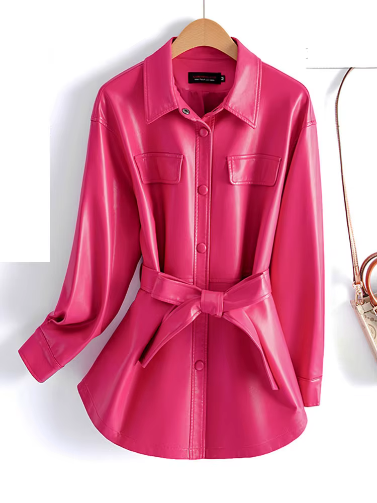 Nouveau femmes chemise Style veste en cuir printemps automne mode décontracté col rabattu à lacets m