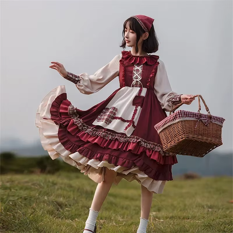 Robe Lolita pour filles, Vintage, Patchwork, robes rouges avec cape, mignonne, Bing Cosplay, petit c
