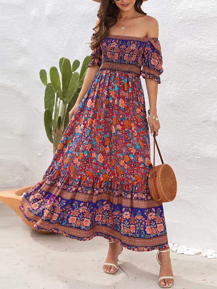 Robe longue plissée à imprimé Floral, style Boho, tenue de plage, manches courtes, col carré, à vola