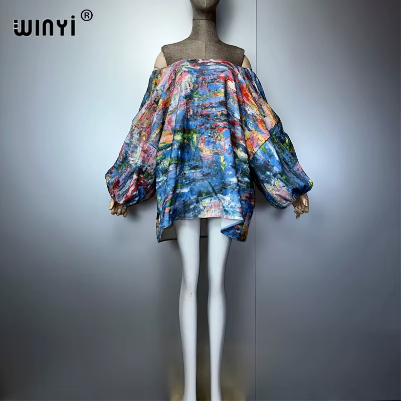 WINYI Original imprimé manches bulles denim robes mode afrique femmes vacances décontracté Maxi robe