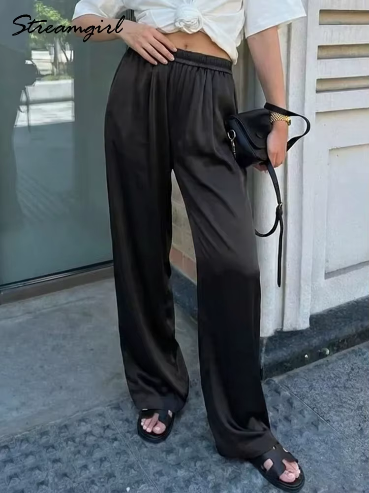 Pantalon large en satin de luxe pour femmes, pantalon avec poches, pantalon noir pour femmes, pantal