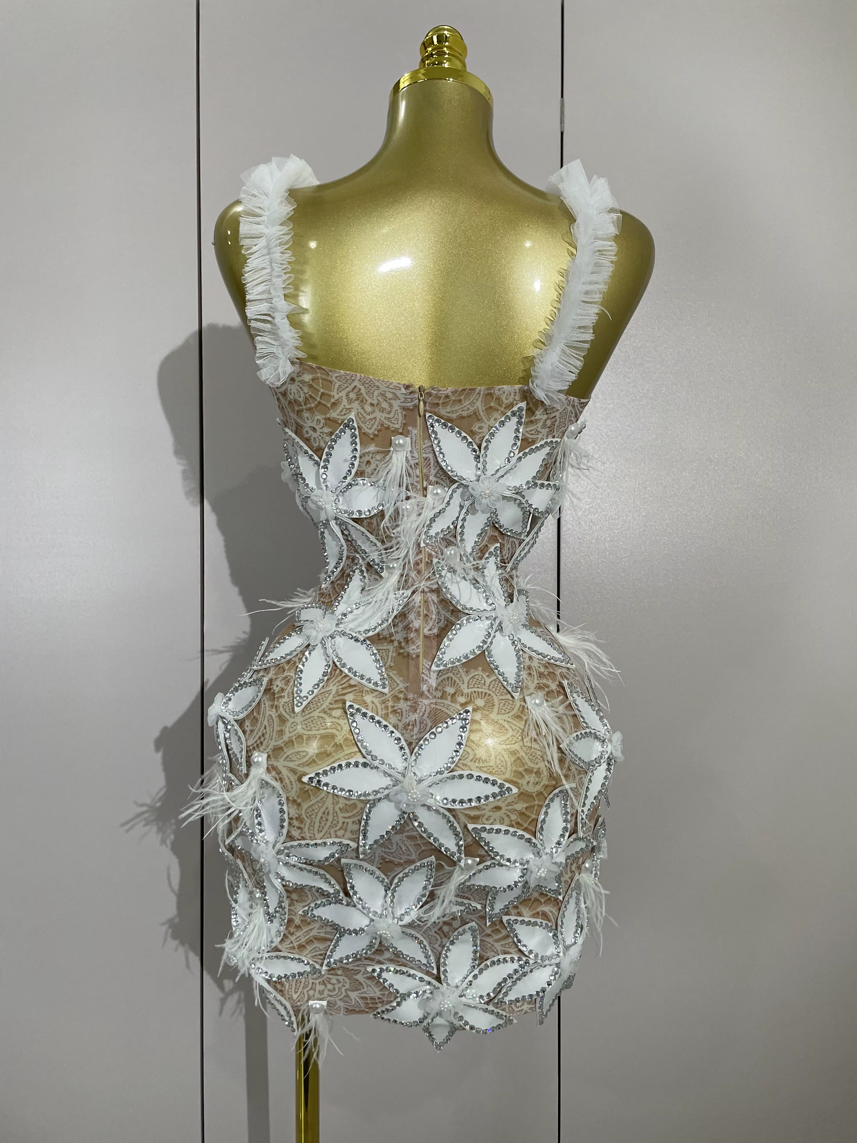 Sexy brillant diamant fleurs plumes blanc Transparent Slip robe courte soirée bal célébrer anniversa
