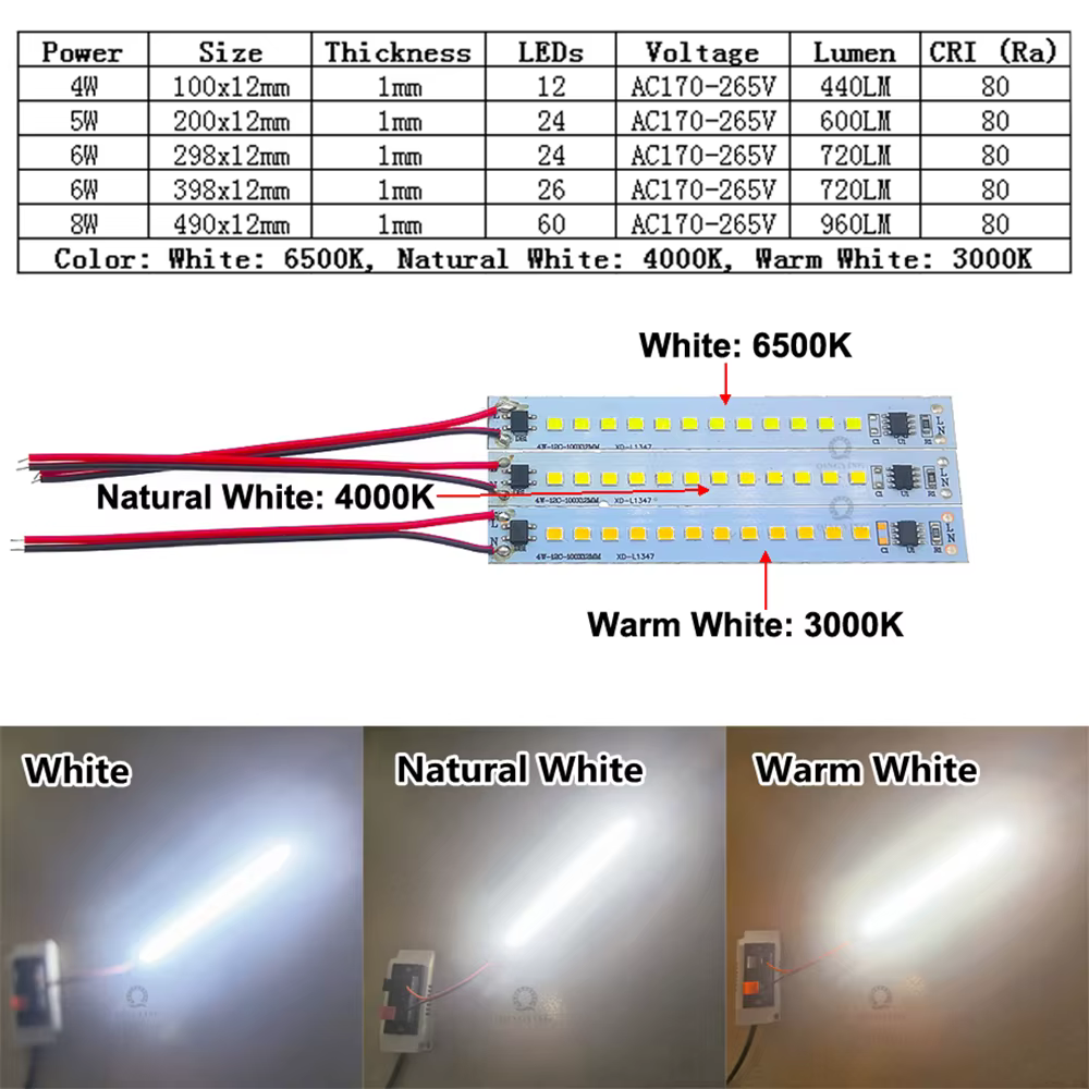 Bande lumineuse LED PCB, AC220V, 10cm, 20cm, 30cm, 40cm, 50cm, 4W-8W, Blanc chaud, Naturel, Froid, S