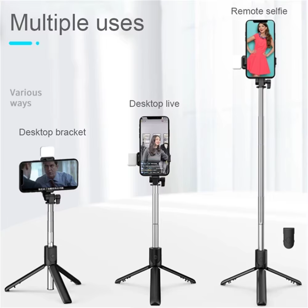 Trépied Portable Bluetooth pour perche à Selfie, avec obturateur à distance, lumière de remplissage,