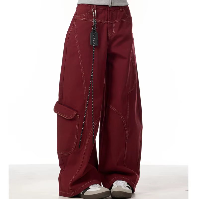 Cargo rouge jean décontracté femmes vêtements de travail pantalon ample droit jambe large pantalon p