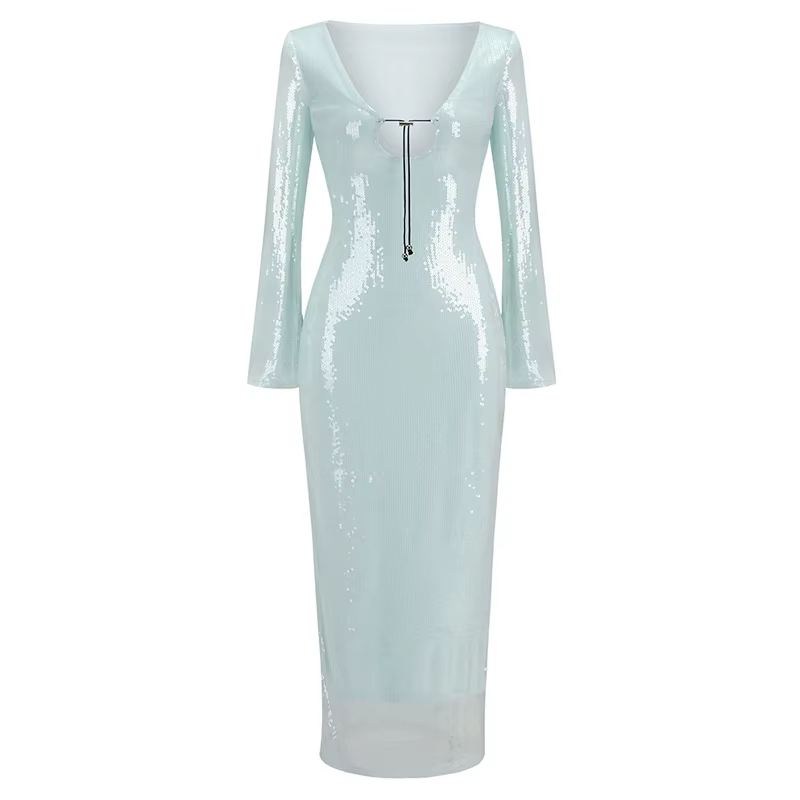 Robe de soirée sexy à sequins pour femmes, col en V, manches à clapet, jupe avec ourlet fendu, boîte