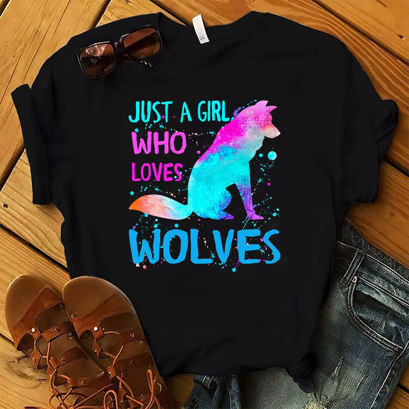 T-shirt manches courtes col rond femme, Just A Girl Love Wolves Print