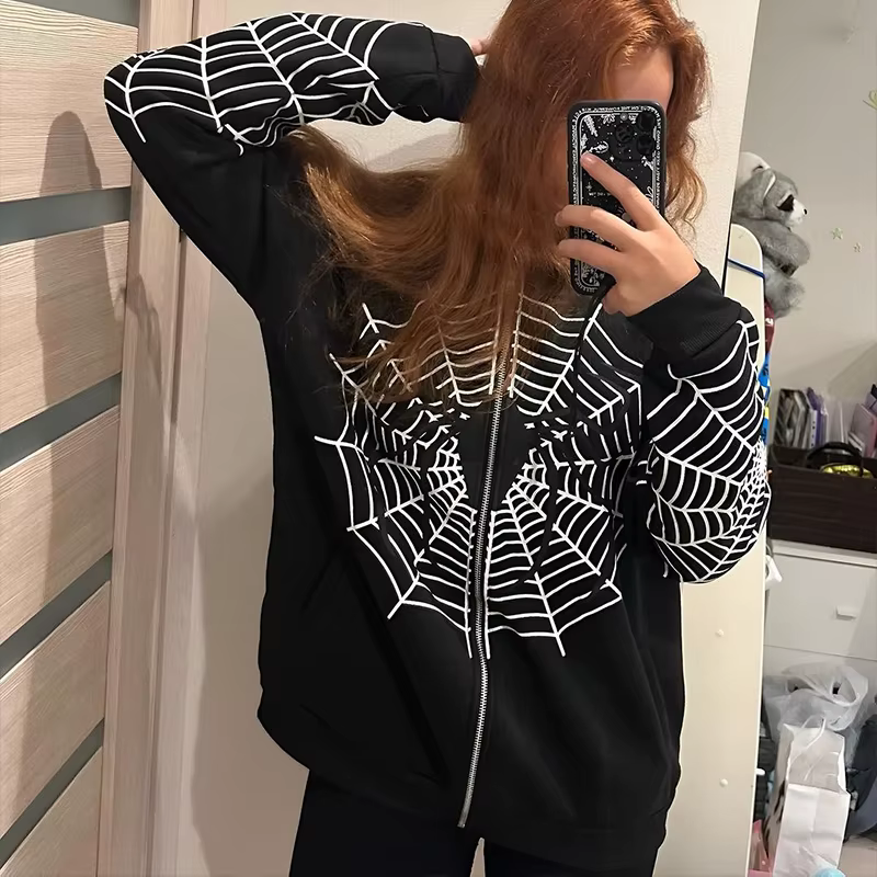 Y2k strass squelette veste à capuche femmes gothique noir fermeture éclair surdimensionné sweats fem