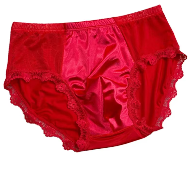 Culotte rouge sexy en satin et dentelle pour homme, taille basse, soyeuse et lisse, style sissy, pou