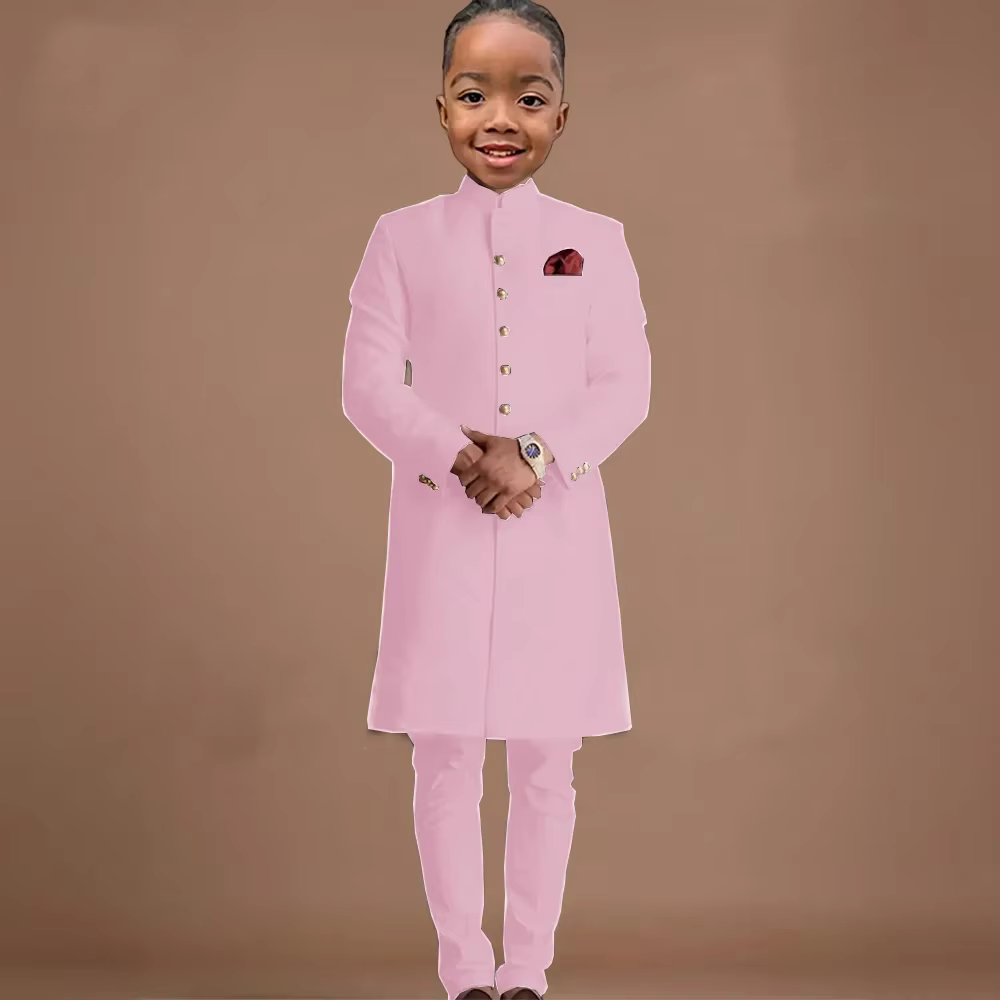 Costumes longs pour garçon, 2 pièces, veste formelle avec pantalon pour mariage, col montant, tenues
