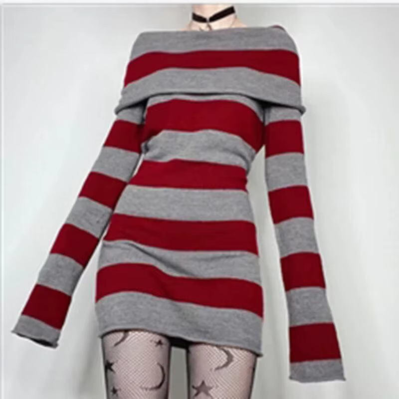 Mini robe moulante rayée pour femmes, col bateau, épaules dénudées, manches longues, courte, envelop