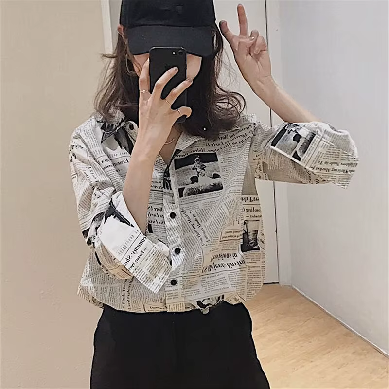 Gidyq-Chemises en mousseline de soie pour femmes, streetwear décontracté coréen, imprimé journal, mo