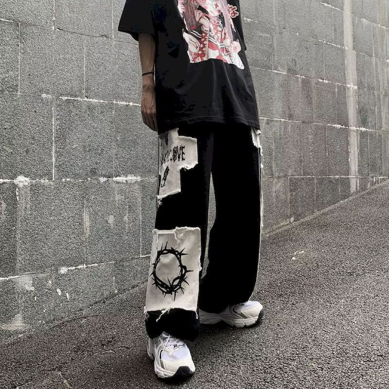 Pantalon cargo gothique punk pour femme, pantalon Anime Patch, taille haute, noir, fjcasual, Harajuk