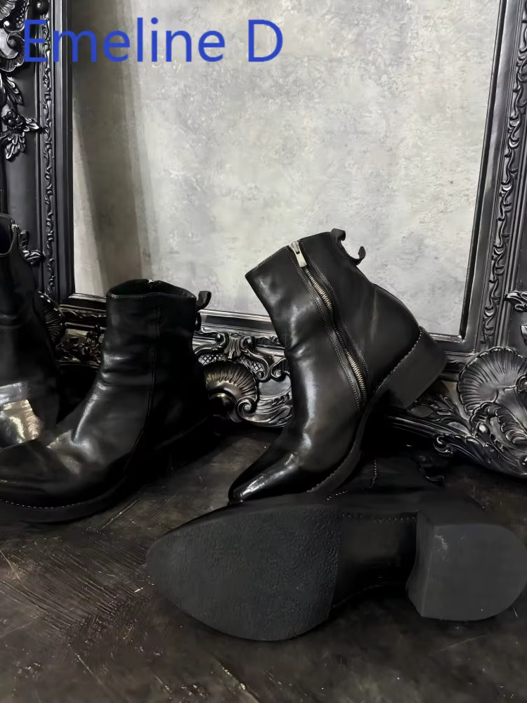 Bottes courtes plissées verticales avec fermeture éclair latérale, en cuir noir, Style minimaliste, 