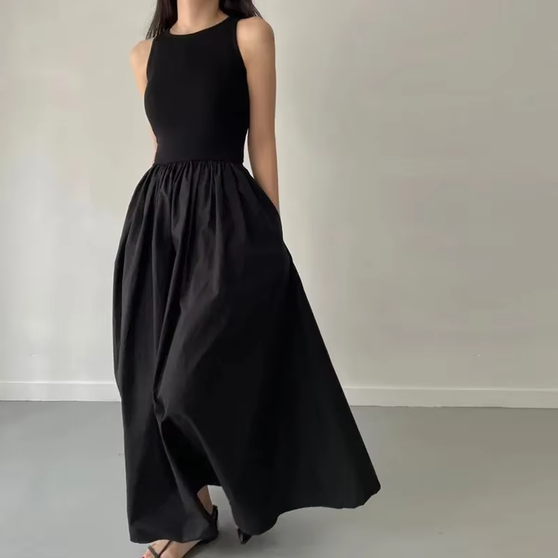 Robe longue noire Simple et élégante pour femmes, col rond, sans manches, taille haute, tempérament,