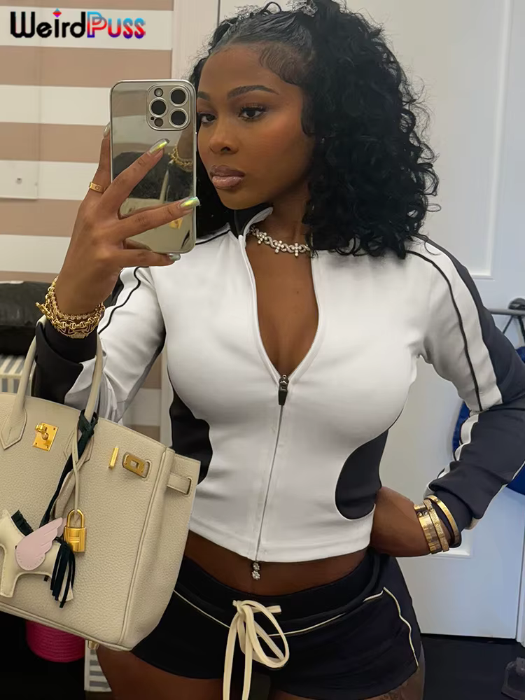 Bizarre Puss décontracté sportif 2 pièces ensemble femmes automne tendance Zip Hipster Patchwork ves