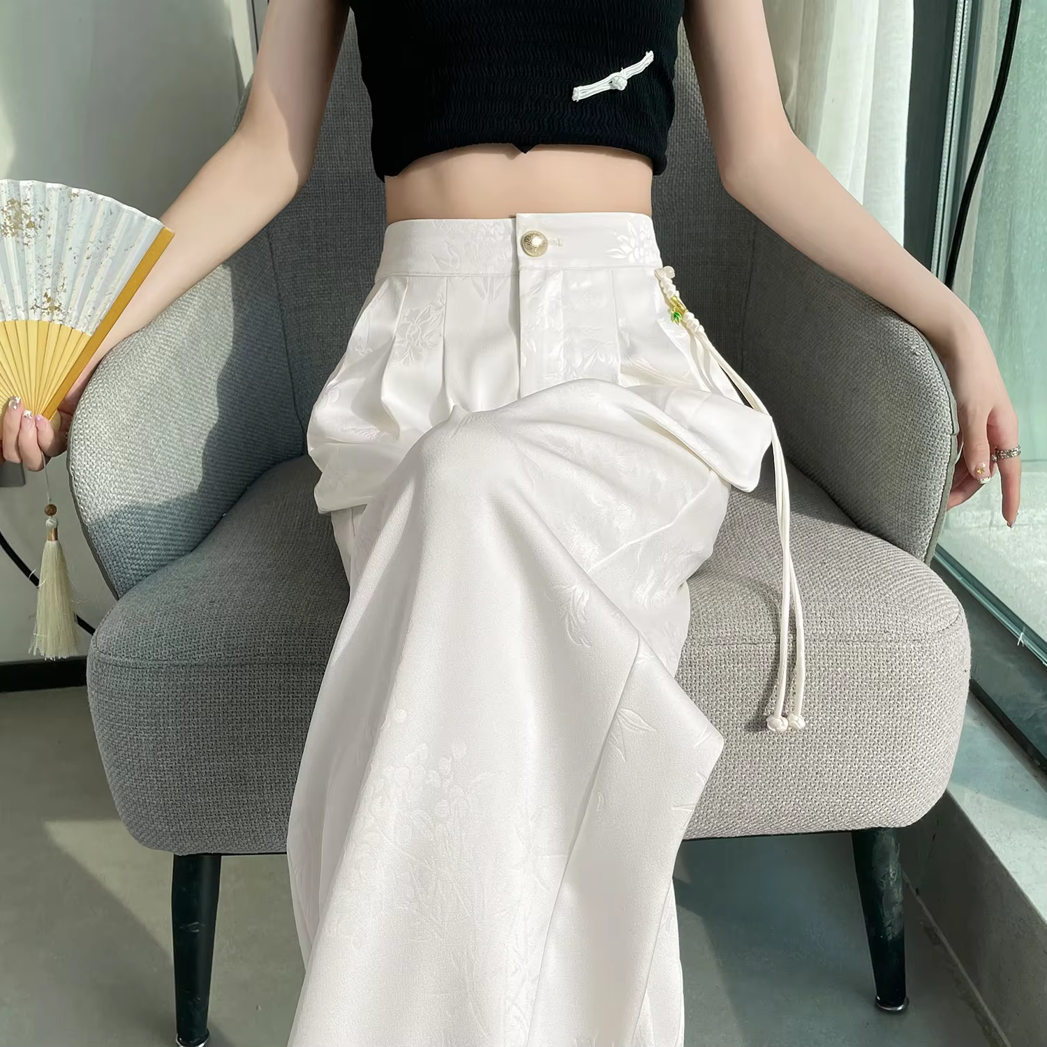 Nouveau Style chinois Jacquard jambe large Satin pantalon pour femmes élégant solide bureau dame déc