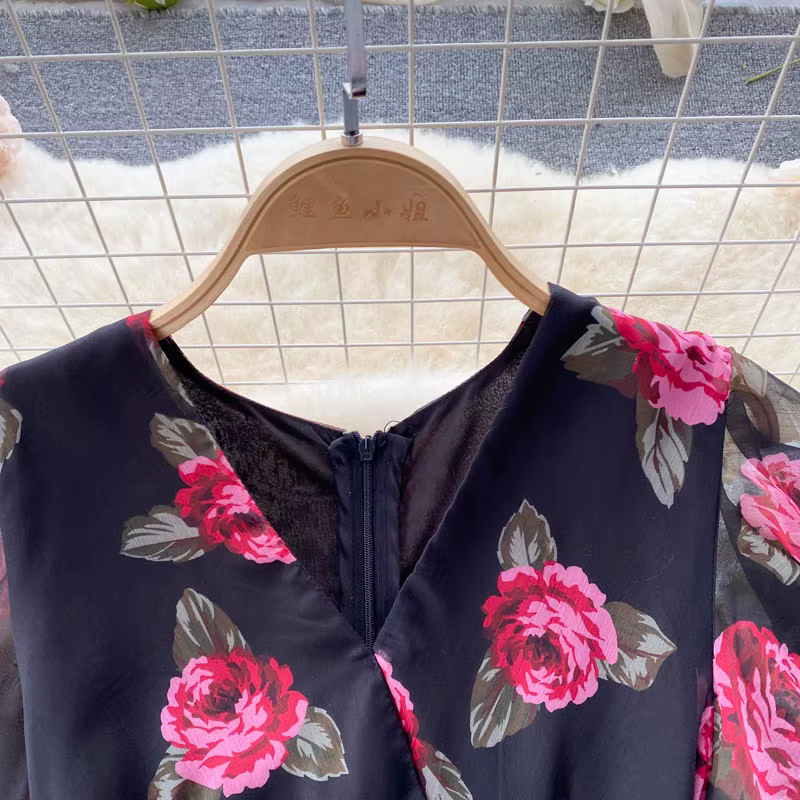 Robe vintage en mousseline de soie, élégante, col en v, à volants, décontractée, taille haute, pour