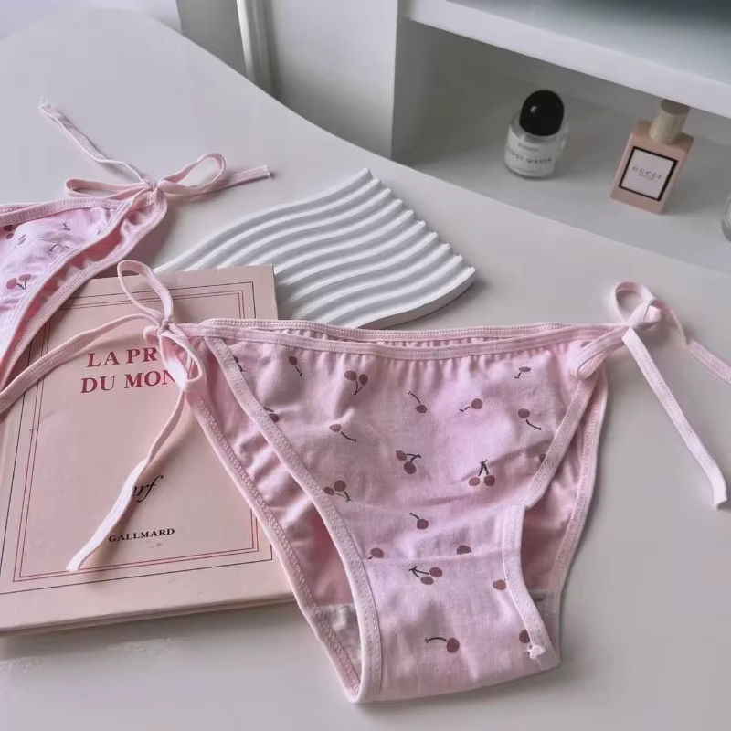 Culottes en coton à motif de cerises, style Lolita, pour femmes, sexy, blanches et roses, avec laçag